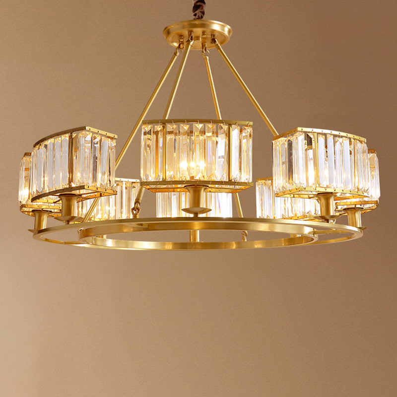 Polished Brass Round Chandelier Lighting Fixtures with 15" Adjustable Cord Modern Clear Crystal Pendant