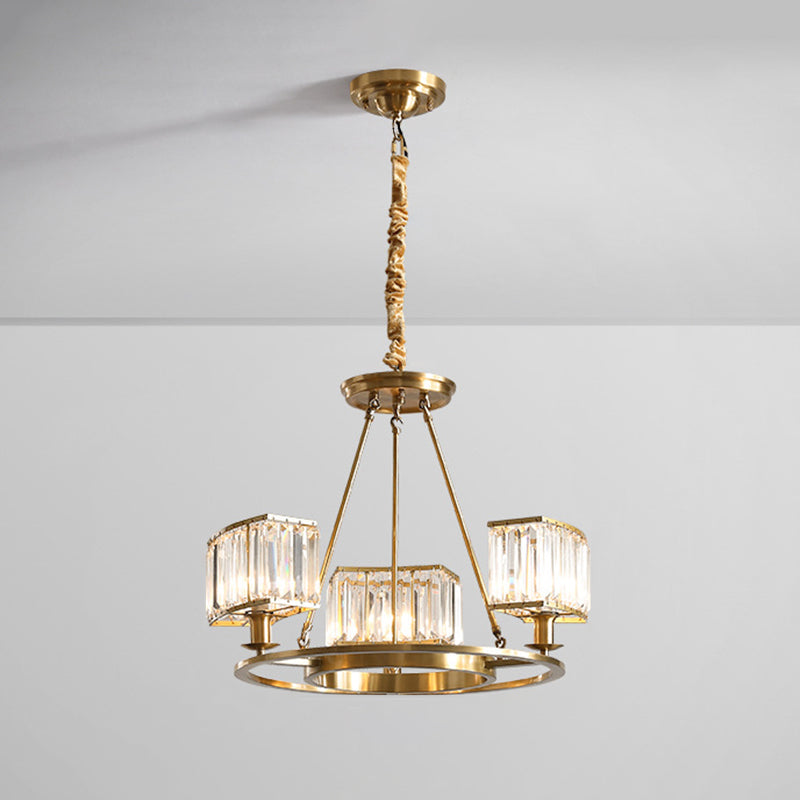 Polished Brass Round Chandelier Lighting Fixtures with 15" Adjustable Cord Modern Clear Crystal Pendant