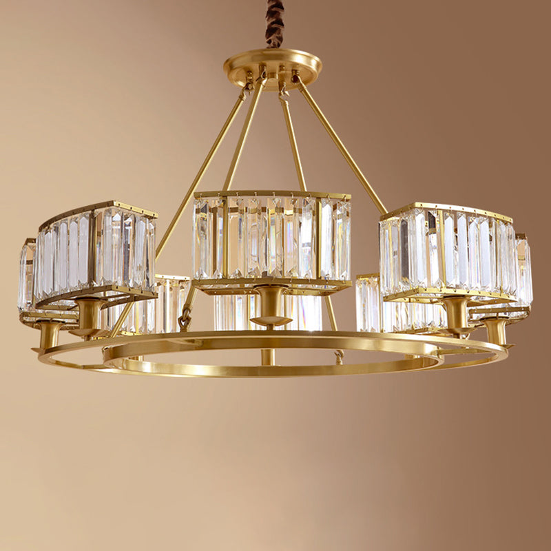 Polished Brass Round Chandelier Lighting Fixtures with 15" Adjustable Cord Modern Clear Crystal Pendant