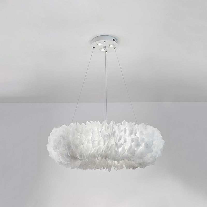 White Doughnut Shape Feather Chandelier Light Modern Style Hanging Pendant Lamp for Bedroom