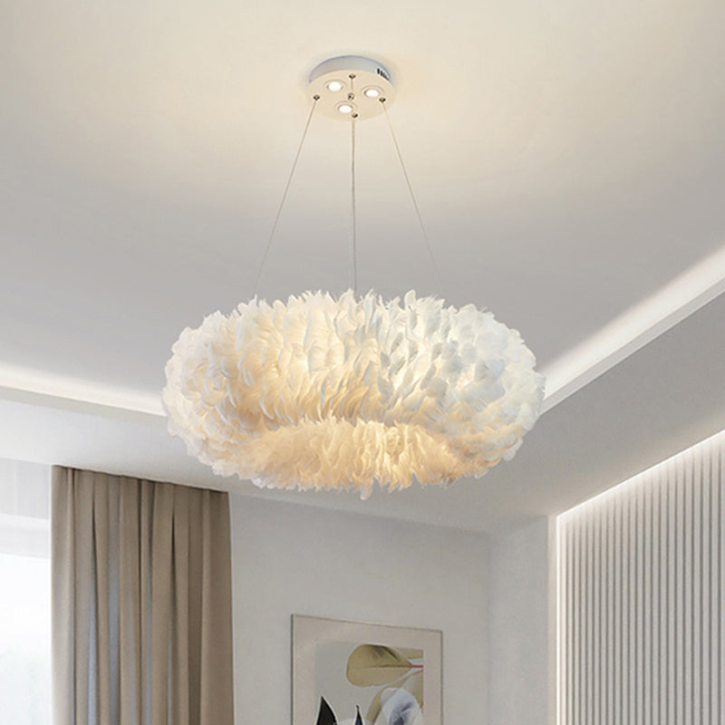 White Doughnut Shape Feather Chandelier Light Modern Style Hanging Pendant Lamp for Bedroom