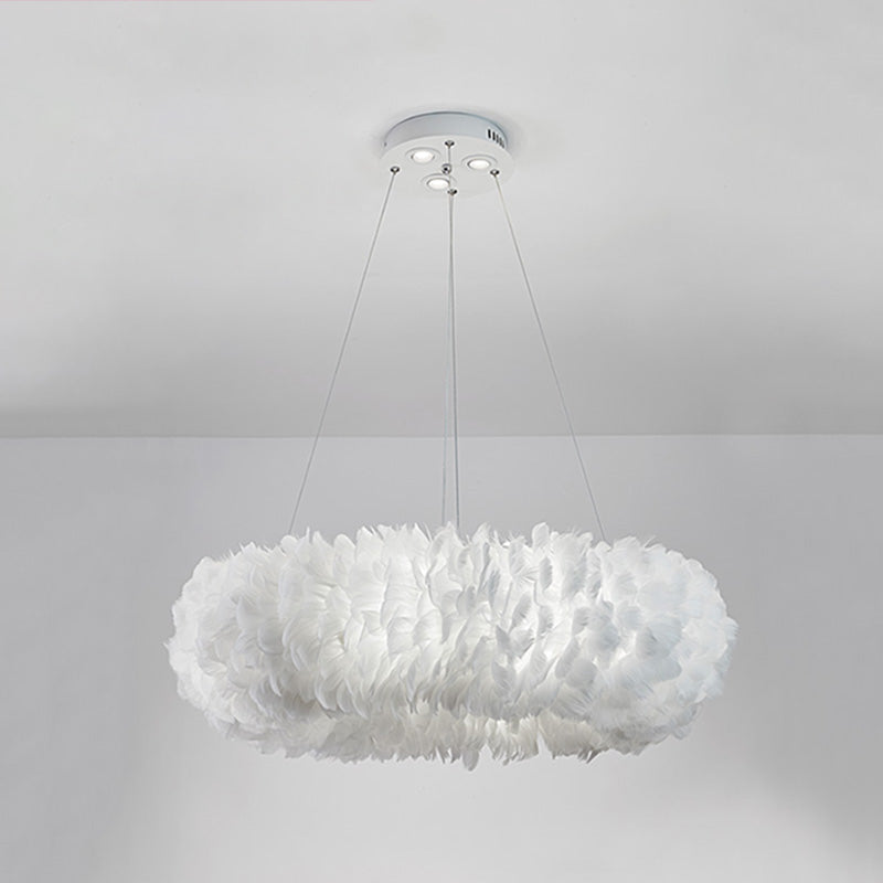 White Doughnut Shape Feather Chandelier Light Modern Style Hanging Pendant Lamp for Bedroom