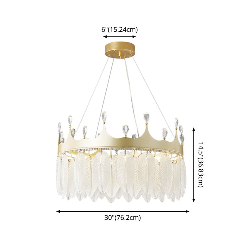 3-Colored LED Crystal Feather Chandelier Lamp Crown Shape Modern Crystal Hanging Chandelier with Clear Glass Feather Lamp Shade