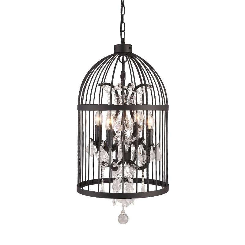 Retro Industrial Style Chandeliers Light Wrought Iron 8-Light Cage Shaped Coffee Shop Hanging Lamp with Crystal Decorative Pendant