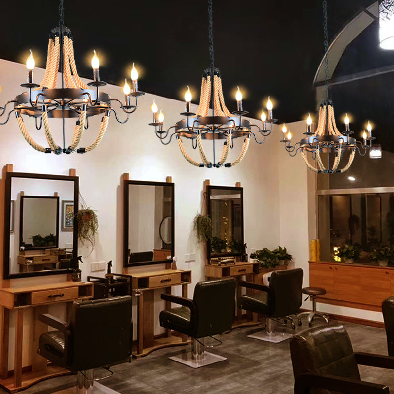 Black Finish Candle Shape Chandelier Light Industrial Rope Style Hanging Pendant Lamp with 39" Adjustable Chain