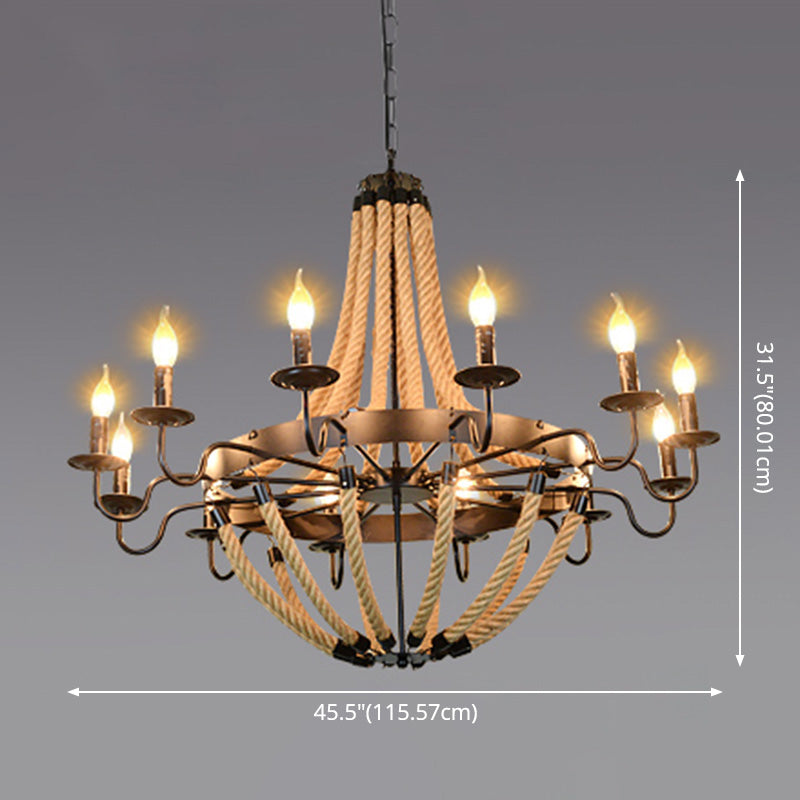 Black Finish Candle Shape Chandelier Light Industrial Rope Style Hanging Pendant Lamp with 39" Adjustable Chain