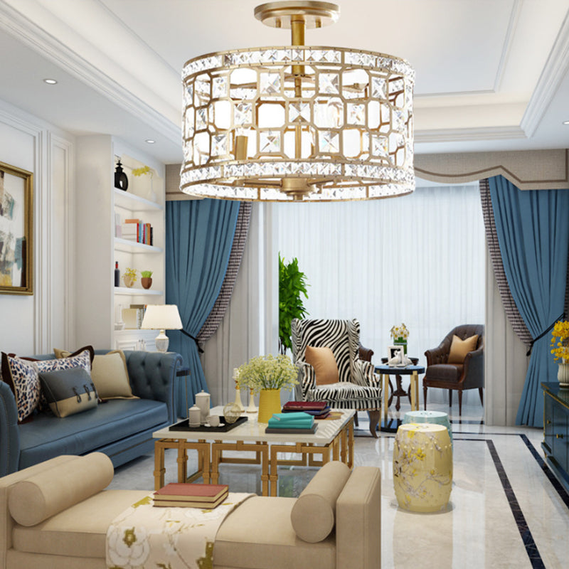 Chinese Style 3-Light Semi Flush Lamp Golden Round Flushmount Ceiling Fixture with Metallic and Crystal Shade