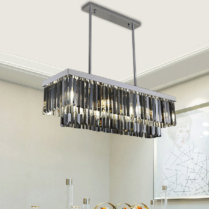 Rectangle Hanging Light Modern Smoke Gray Crystal Block 6/8/10 Heads Dining Room Chandelier Lamp