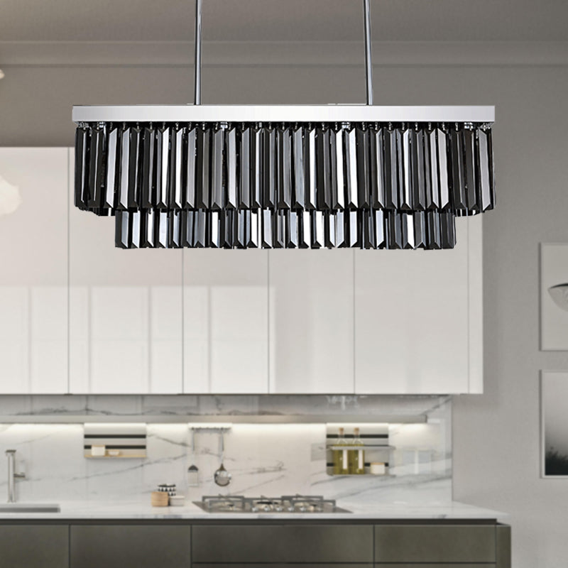 Rectangle Hanging Light Modern Smoke Gray Crystal Block 6/8/10 Heads Dining Room Chandelier Lamp