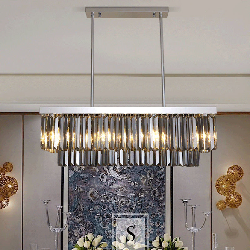 Rectangle Hanging Light Modern Smoke Gray Crystal Block 6/8/10 Heads Dining Room Chandelier Lamp