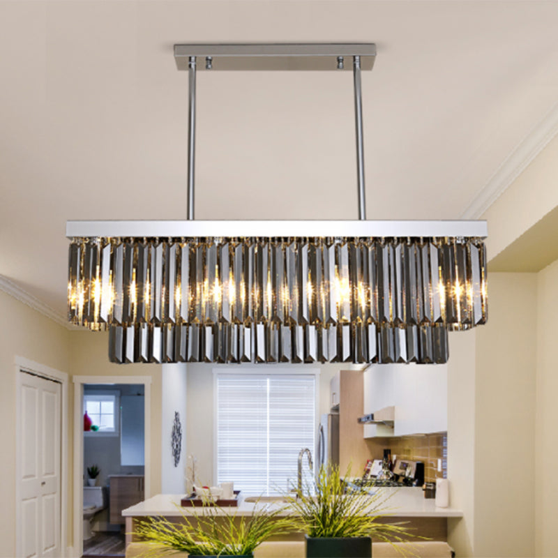 Rectangle Hanging Light Modern Smoke Gray Crystal Block 6/8/10 Heads Dining Room Chandelier Lamp