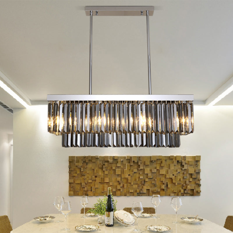 Rectangle Hanging Light Modern Smoke Gray Crystal Block 6/8/10 Heads Dining Room Chandelier Lamp