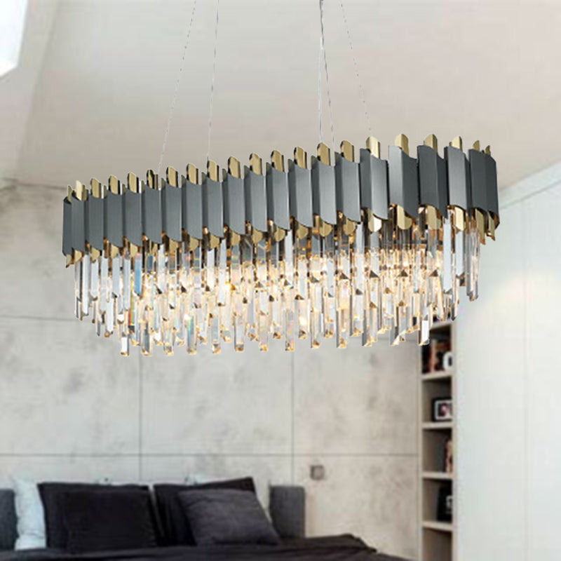 Lampada a sospensione della sala da pranzo ovale tradizionale cristallo a tre lampadario 8 luci illuminazione grigio lampadario