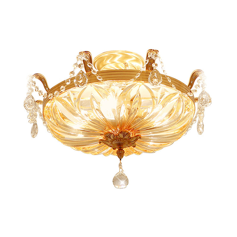 Dome Clear Glass Semi Flush Light Modernist 5 Lights Gold Flush Mount Ceiling Light Fixture with Crystal Draping