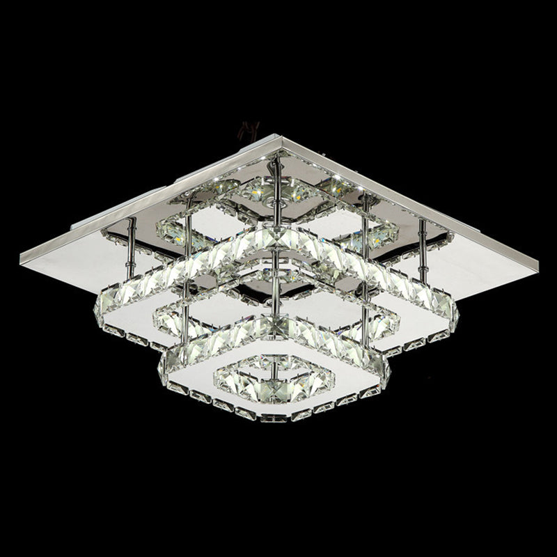 Quad Shaped Crystal Ceiling Light Modern Stainless Steel LED Semi Flush Light for Foyer