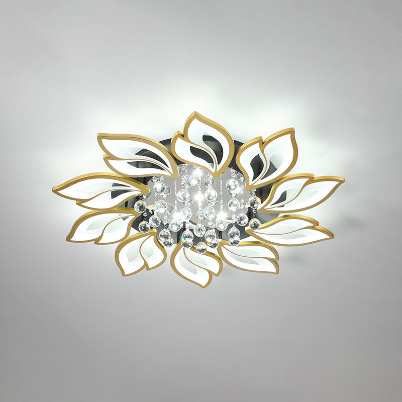 Gold Finish Flower Ceiling Lighting Contemporary LED Metal Semi Flush Mount with Crystal Ball