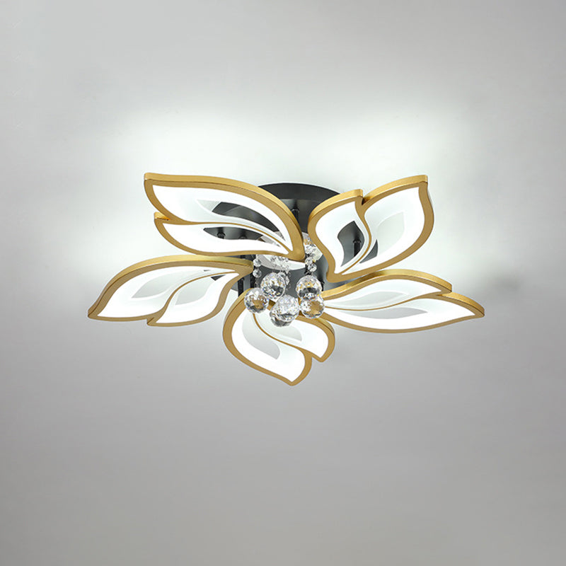 Gold Finish Flower Ceiling Lighting Contemporary LED Metal Semi Flush Mount with Crystal Ball