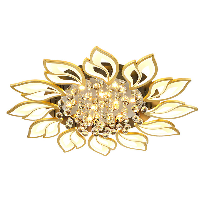 Gold Finish Flower Ceiling Lighting Contemporary LED Metal Semi Flush Mount with Crystal Ball
