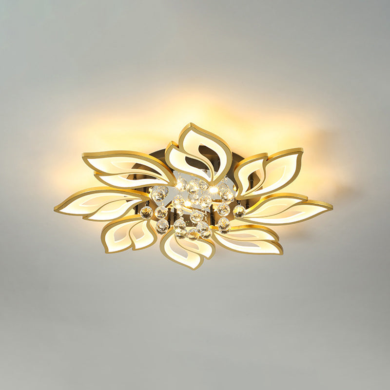 Gold Finish Flower Ceiling Lighting Contemporary LED Metal Semi Flush Mount with Crystal Ball