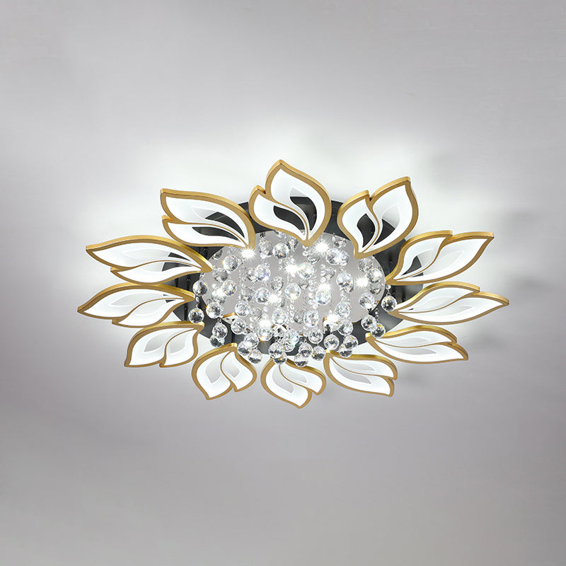 Gold Finish Flower Ceiling Lighting Contemporary LED Metal Semi Flush Mount with Crystal Ball