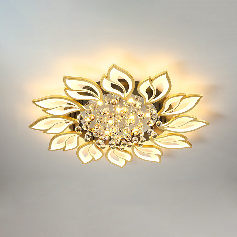 Gold Finish Flower Ceiling Lighting Contemporary LED Metal Semi Flush Mount with Crystal Ball