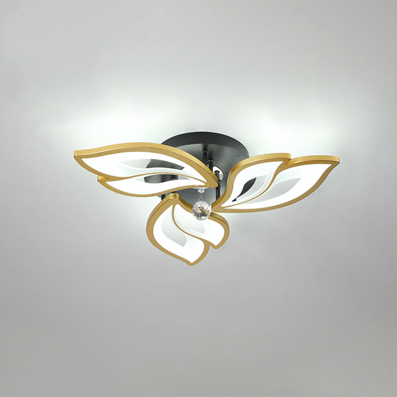 Gold Finish Flower Ceiling Lighting Contemporary LED Metal Semi Flush Mount with Crystal Ball