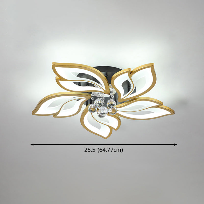 Gold Finish Flower Ceiling Lighting Contemporary LED Metal Semi Flush Mount with Crystal Ball