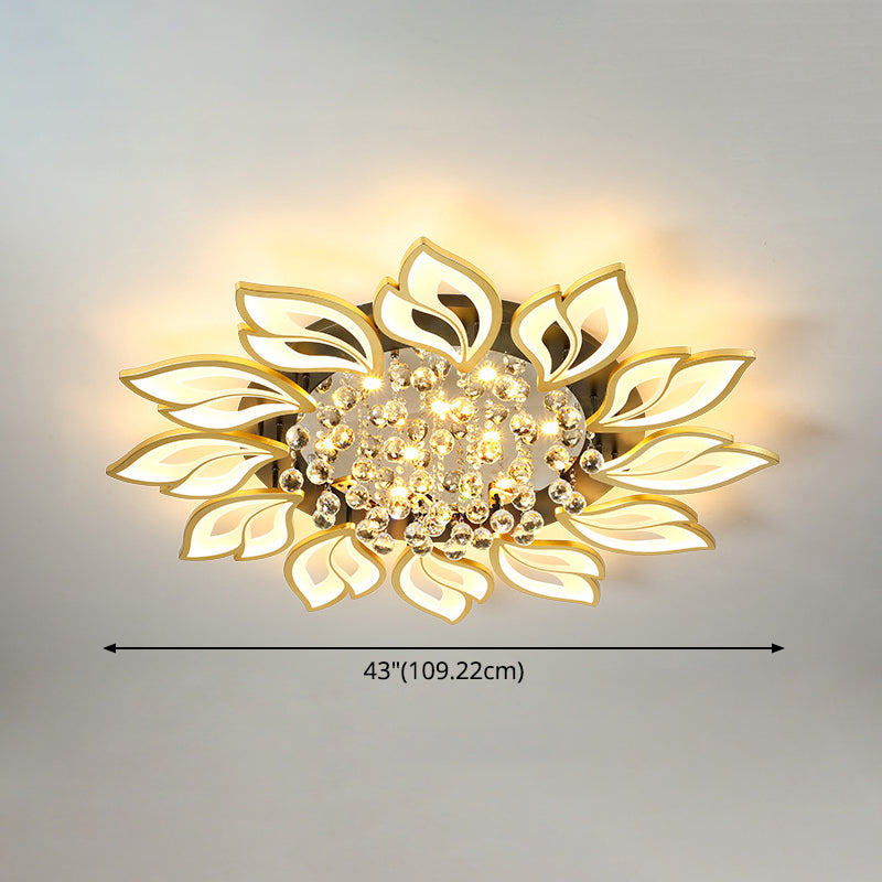 Gold Finish Flower Ceiling Lighting Contemporary LED Metal Semi Flush Mount with Crystal Ball