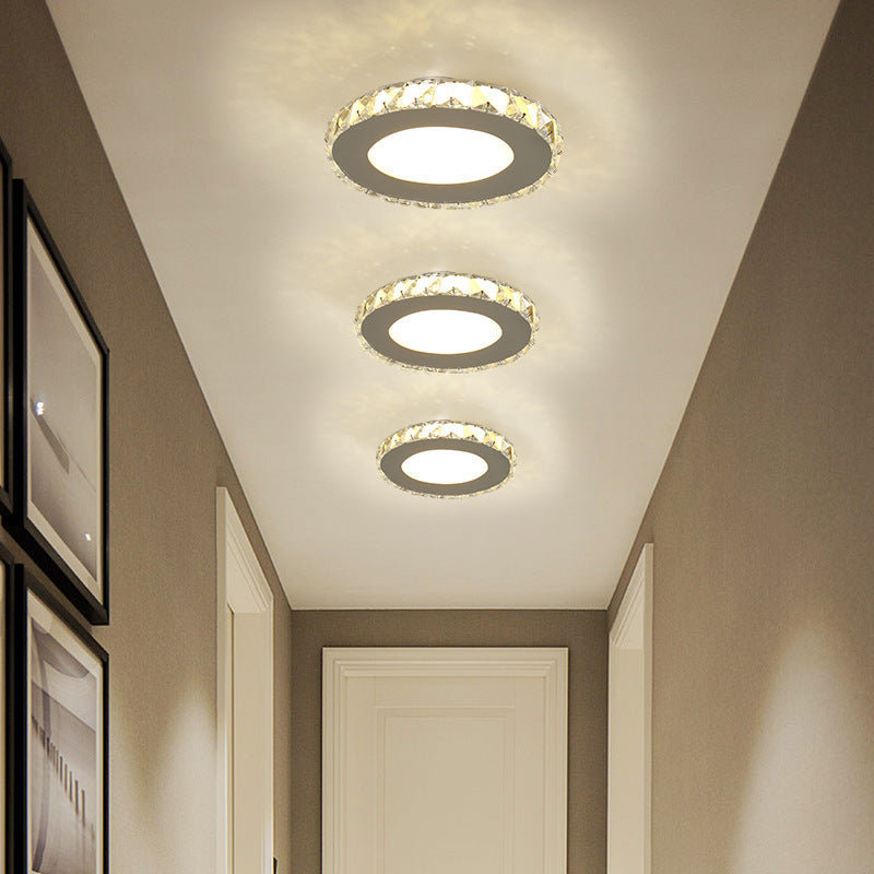 Crystal Embedded Small Ceiling Lamp Simple Stainless Steel LED Flush Light for Hallway