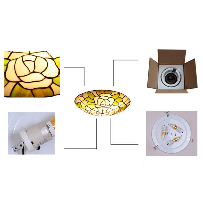 Bowl Shaped Flush Ceiling Light Stained Glass Tiffany Flushmount Lighting for Bedroom