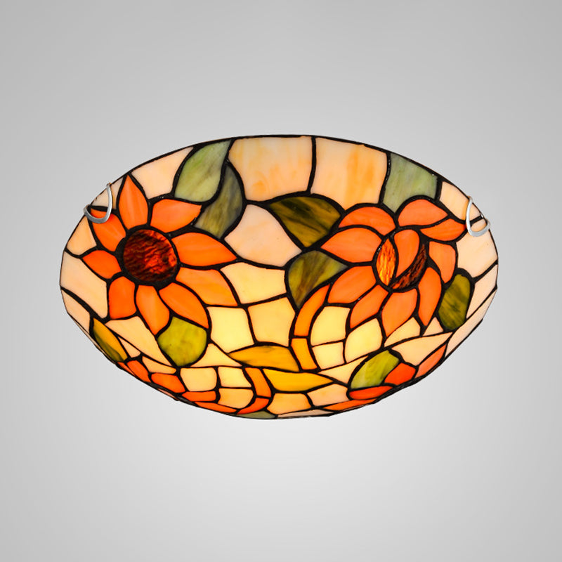 Sunflower Flush Mount Ceiling Light Tiffany Stained Glass Orange Flush Light in Bowl Shape