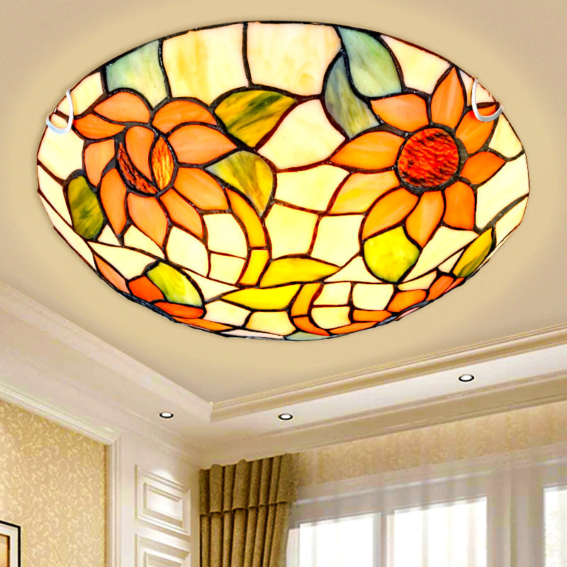 Sunflower Flush Mount Ceiling Light Tiffany Stained Glass Orange Flush Light in Bowl Shape