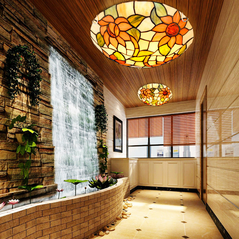 Sunflower Flush Mount Ceiling Light Tiffany Stained Glass Orange Flush Light in Bowl Shape