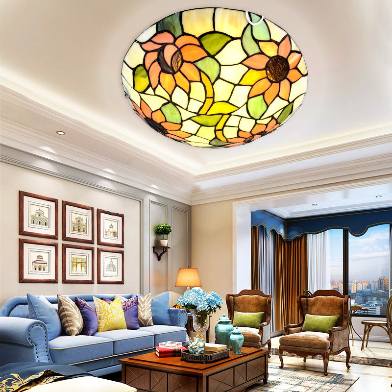 Sunflower Flush Mount Ceiling Light Tiffany Stained Glass Orange Flush Light in Bowl Shape