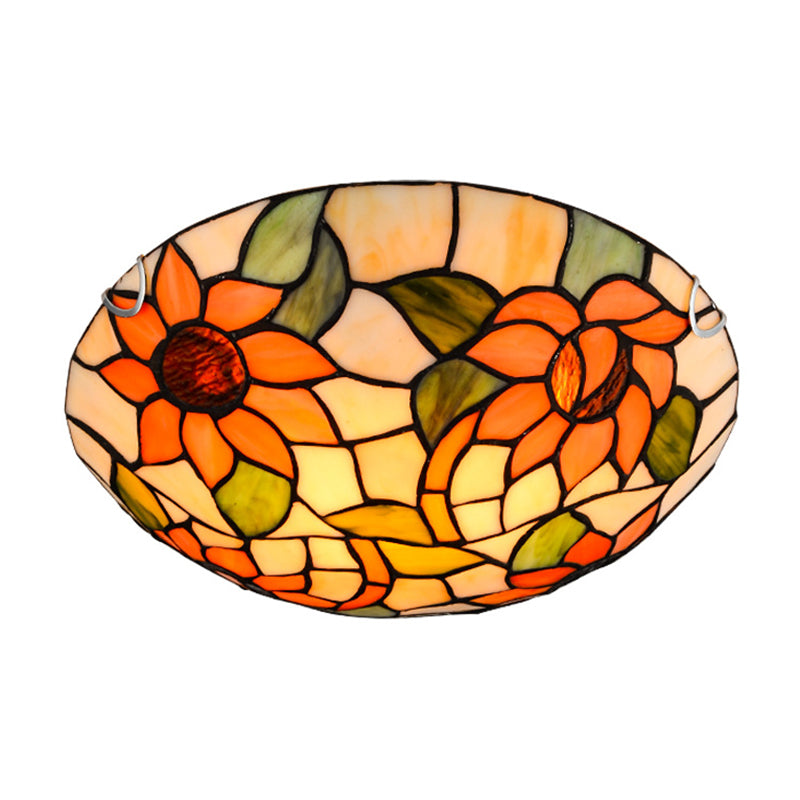 Sunflower Flush Mount Ceiling Light Tiffany Stained Glass Orange Flush Light in Bowl Shape