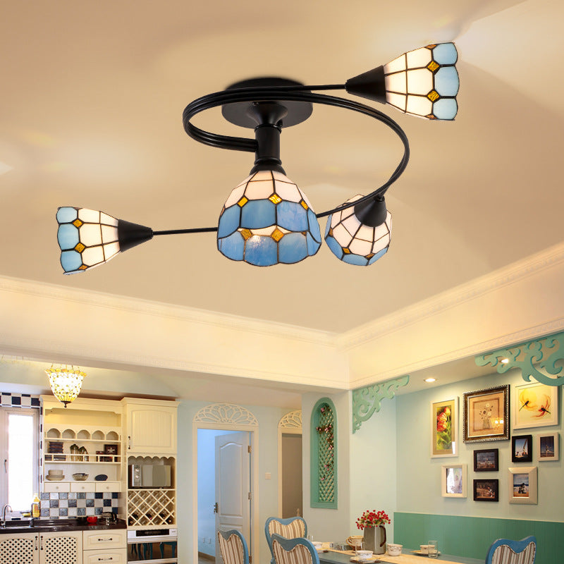 Floral Swirl Semi Flush Light Blue-White Glass Mediterranean Ceiling Light for Living Room
