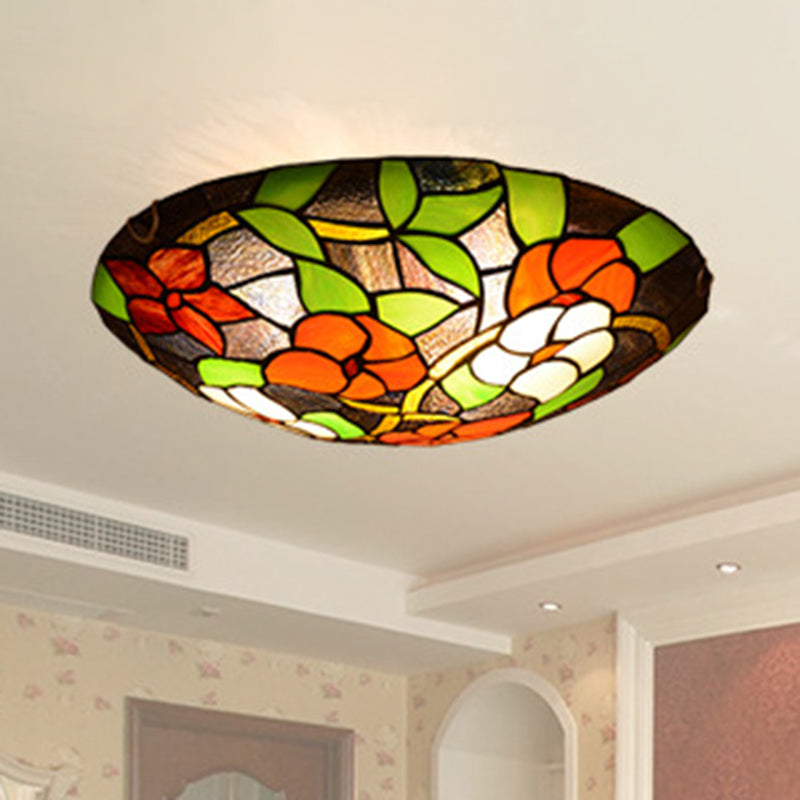 Bedroom Ceiling Fixture Tiffany Black Flush-Mount Light with Round Stained Glass Shade