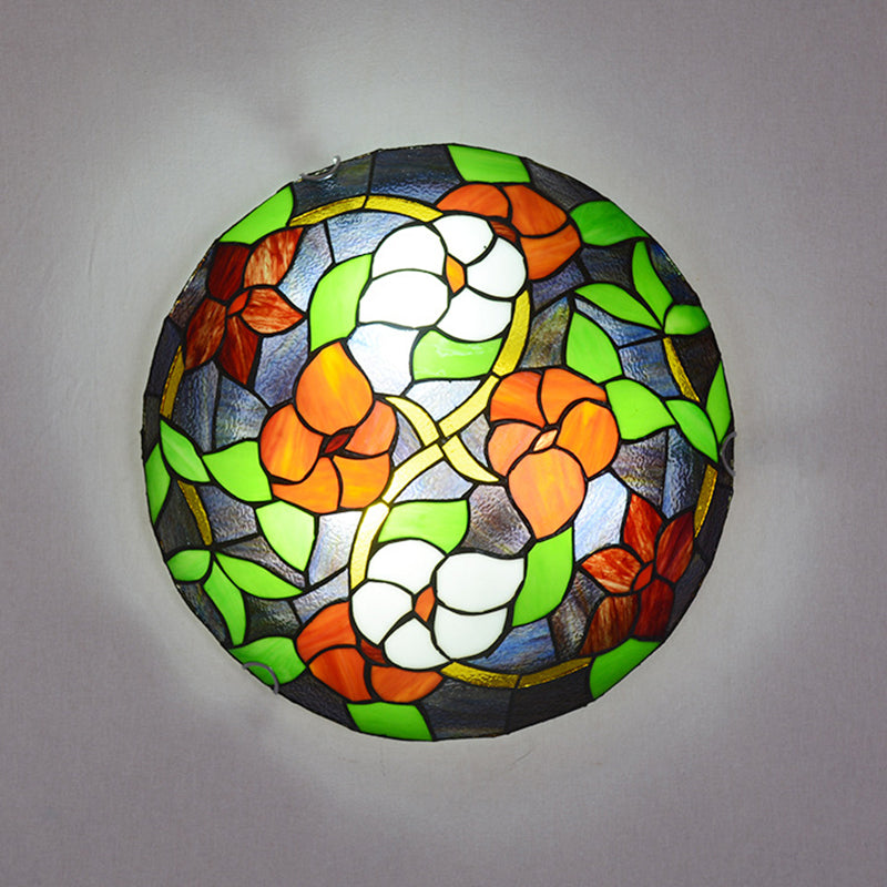 Bedroom Ceiling Fixture Tiffany Black Flush-Mount Light with Round Stained Glass Shade