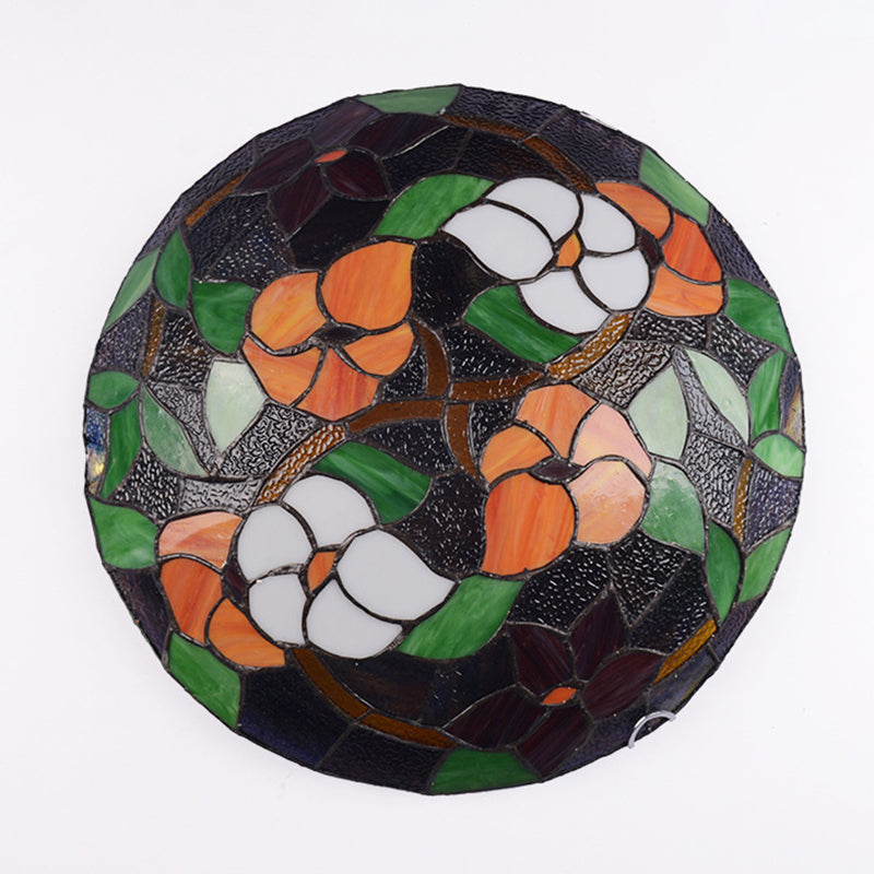 Bedroom Ceiling Fixture Tiffany Black Flush-Mount Light with Round Stained Glass Shade