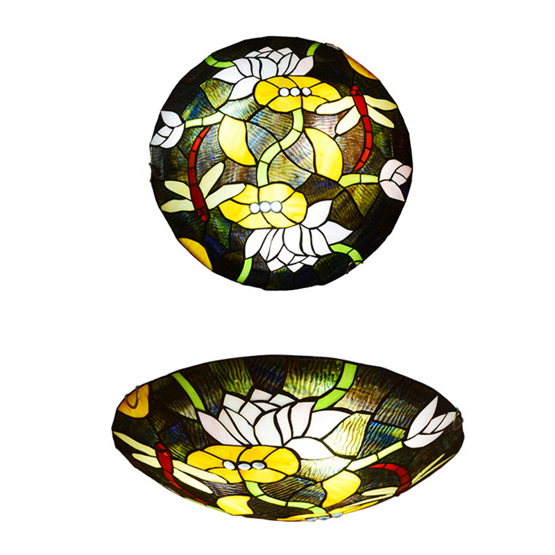 Black Bowl Shaped Ceiling Lamp Tiffany Stained Glass Flush Mount Light with Lotus and Dragonfly Pattern