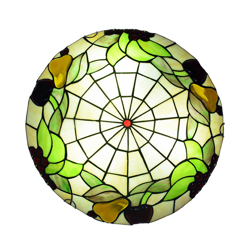 Green Flush Mount Ceiling Fixture Tiffany Cut Glass Bowl Flush Lamp with Fruit Pattern
