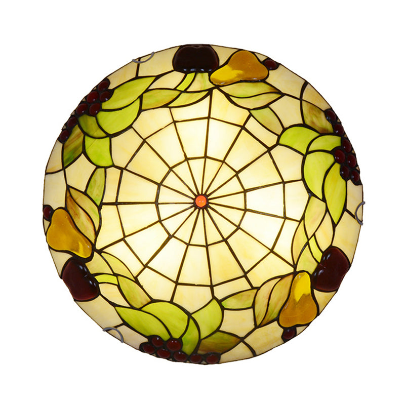 Green Flush Mount Ceiling Fixture Tiffany Cut Glass Bowl Flush Lamp with Fruit Pattern