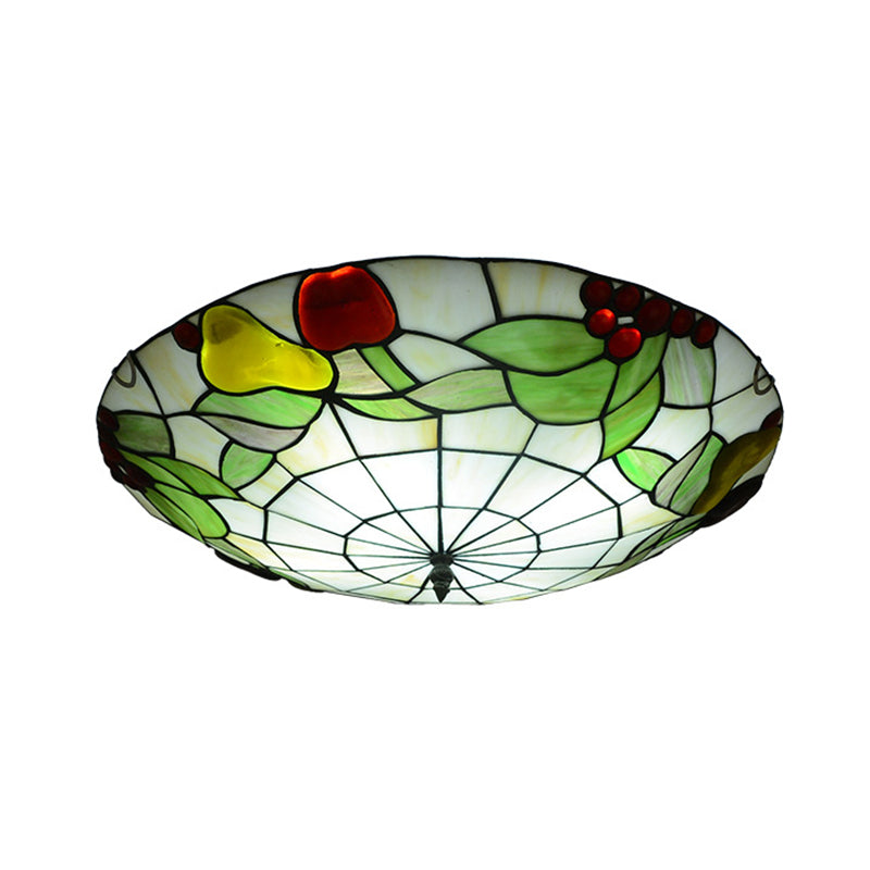 Green Flush Mount Ceiling Fixture Tiffany Cut Glass Bowl Flush Lamp with Fruit Pattern