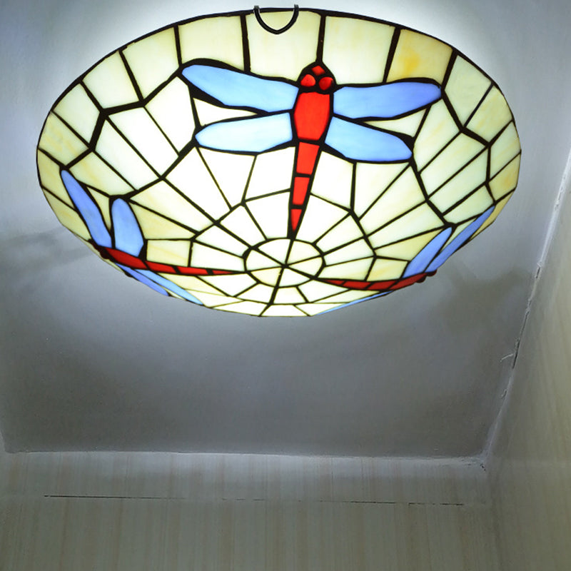 Dragonfly Round Ceiling Lighting Hand-Crafted Glass Tiffany Flush Mount Light in Sky Blue
