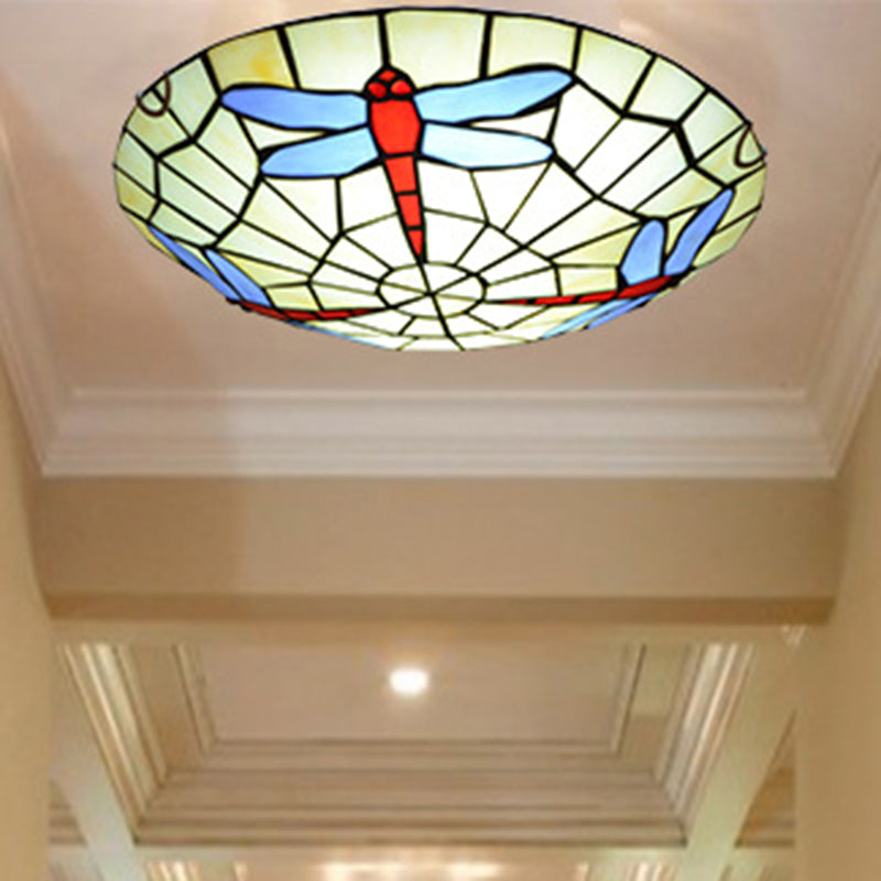 Dragonfly Round Ceiling Lighting Hand-Crafted Glass Tiffany Flush Mount Light in Sky Blue