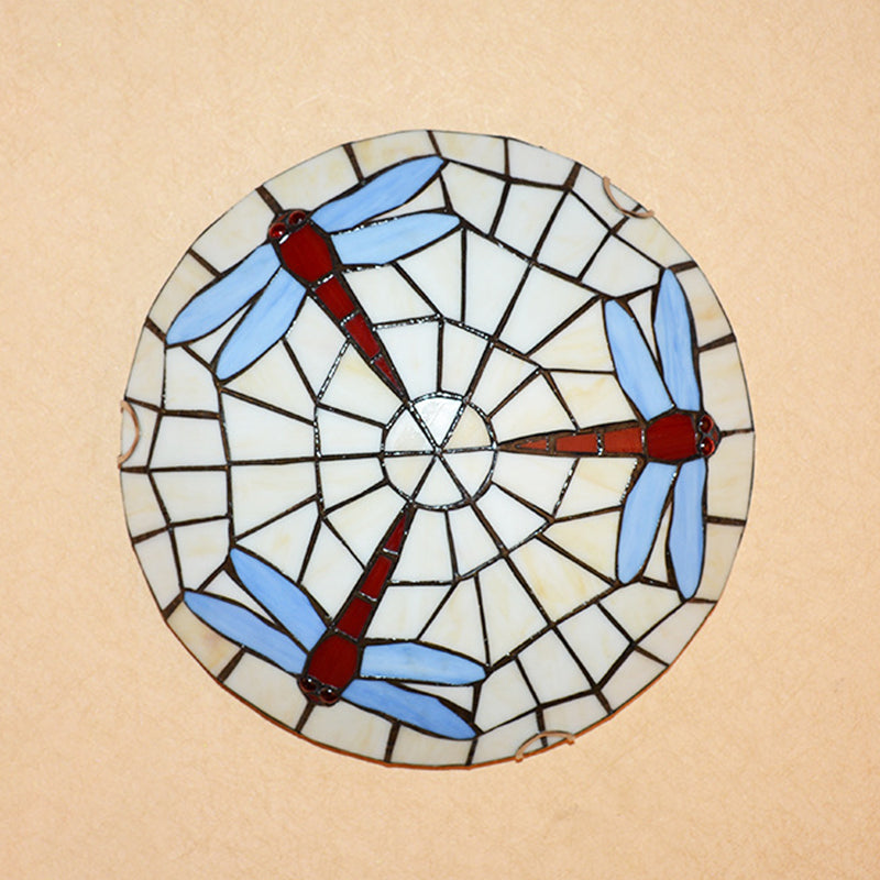 Dragonfly Round Ceiling Lighting Hand-Crafted Glass Tiffany Flush Mount Light in Sky Blue