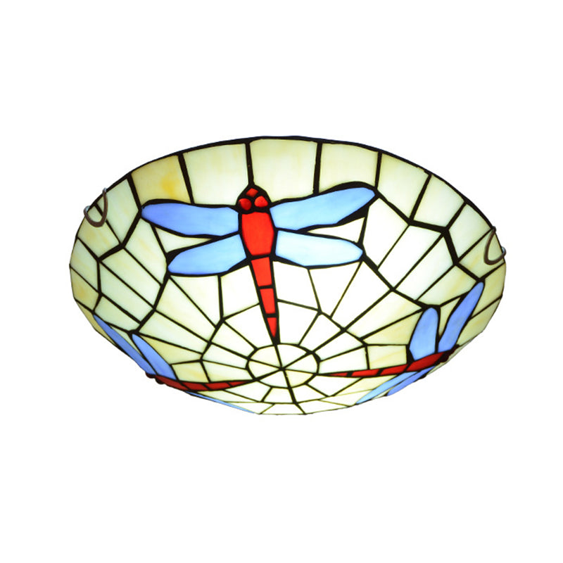 Dragonfly Round Ceiling Lighting Hand-Crafted Glass Tiffany Flush Mount Light in Sky Blue