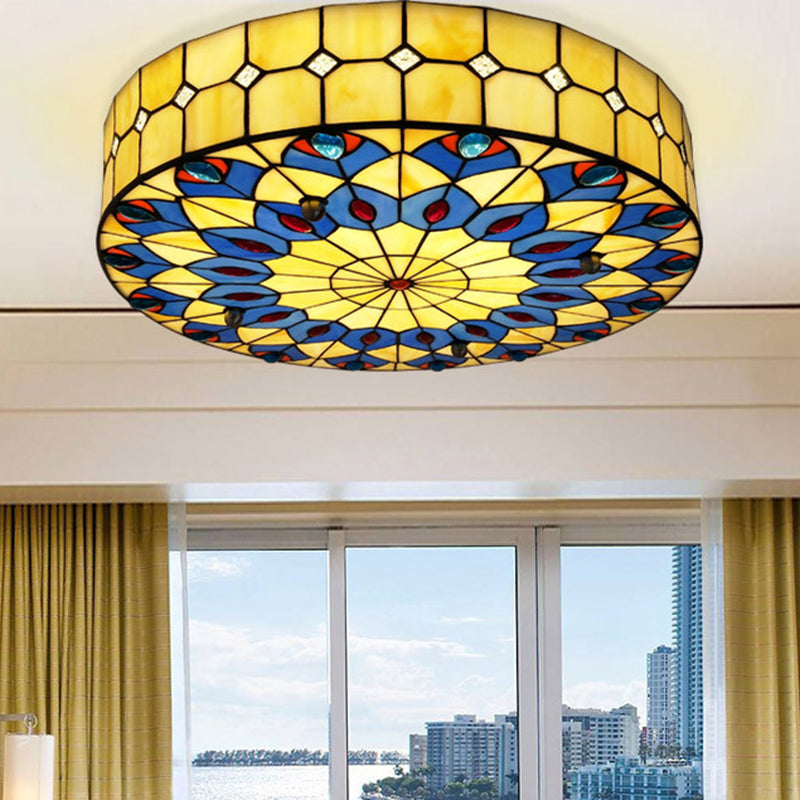 Drum Ceiling Mount Light Mediterranean Stained Glass Flush Mount Fixture for Bedroom