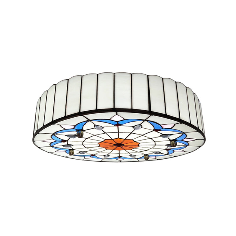 Drum Ceiling Mount Light Mediterranean Stained Glass Flush Mount Fixture for Bedroom