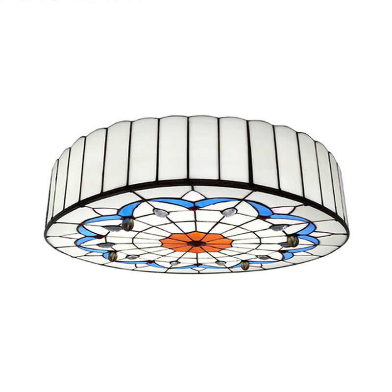 Drum Ceiling Mount Light Mediterranean Stained Glass Flush Mount Fixture for Bedroom